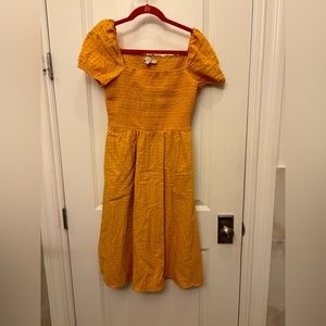 LOFT Smocked Puff Sleeve Pocket Midi Dress Warm Papaya EXTRA SMALL PETITE